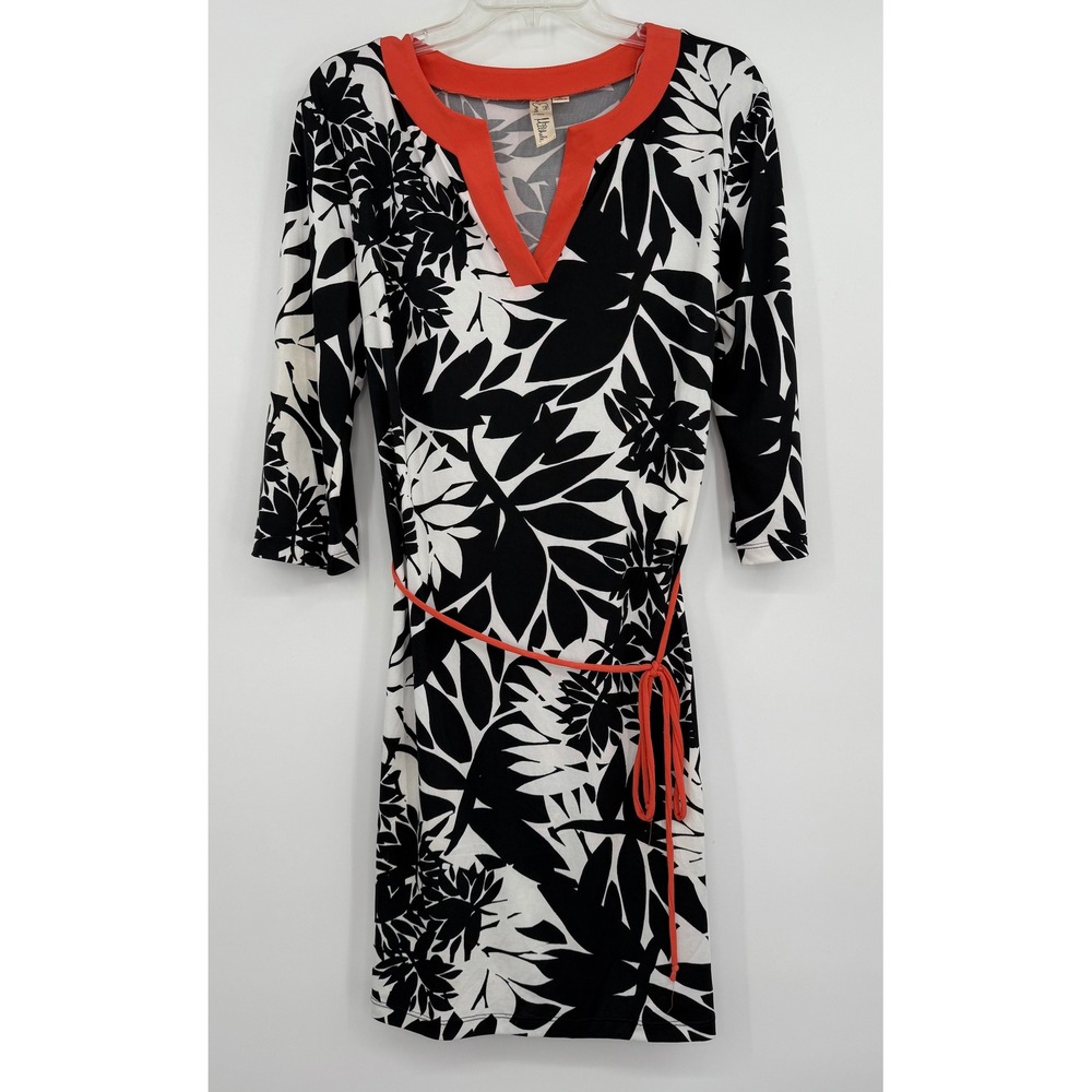 Emma & Michelle Black White Floral Orange V-Neck Knit Dress‎ M Tropical Office